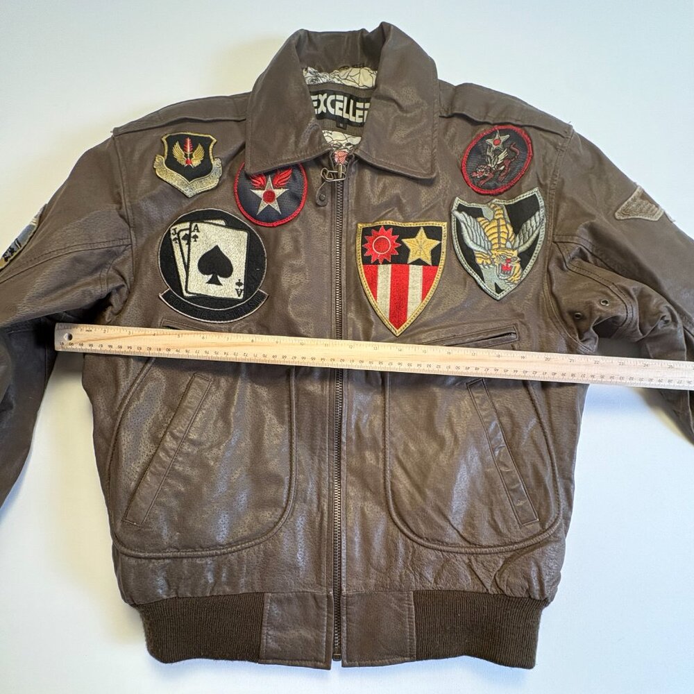 Vintage 80s Excelled Leather Bomber Jacket Patched Top Gun Flight A-2 Map Lining - Picture 11 of 12